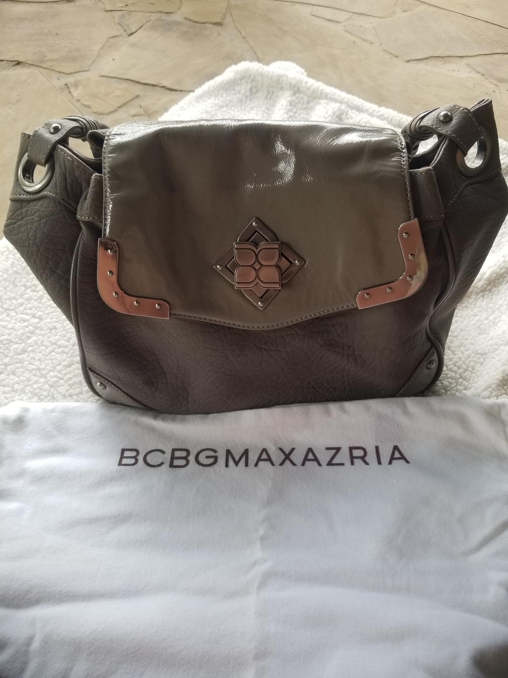 BCBGMAXAZRIA Taupe Leather Shoulder Bag with Logo Plaque & Dust Bag